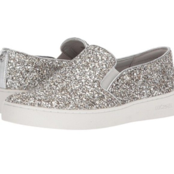 Michael Kors Glitter Slip On Sneakers Silver Metallic Size 6 MK - Picture 3 of 13